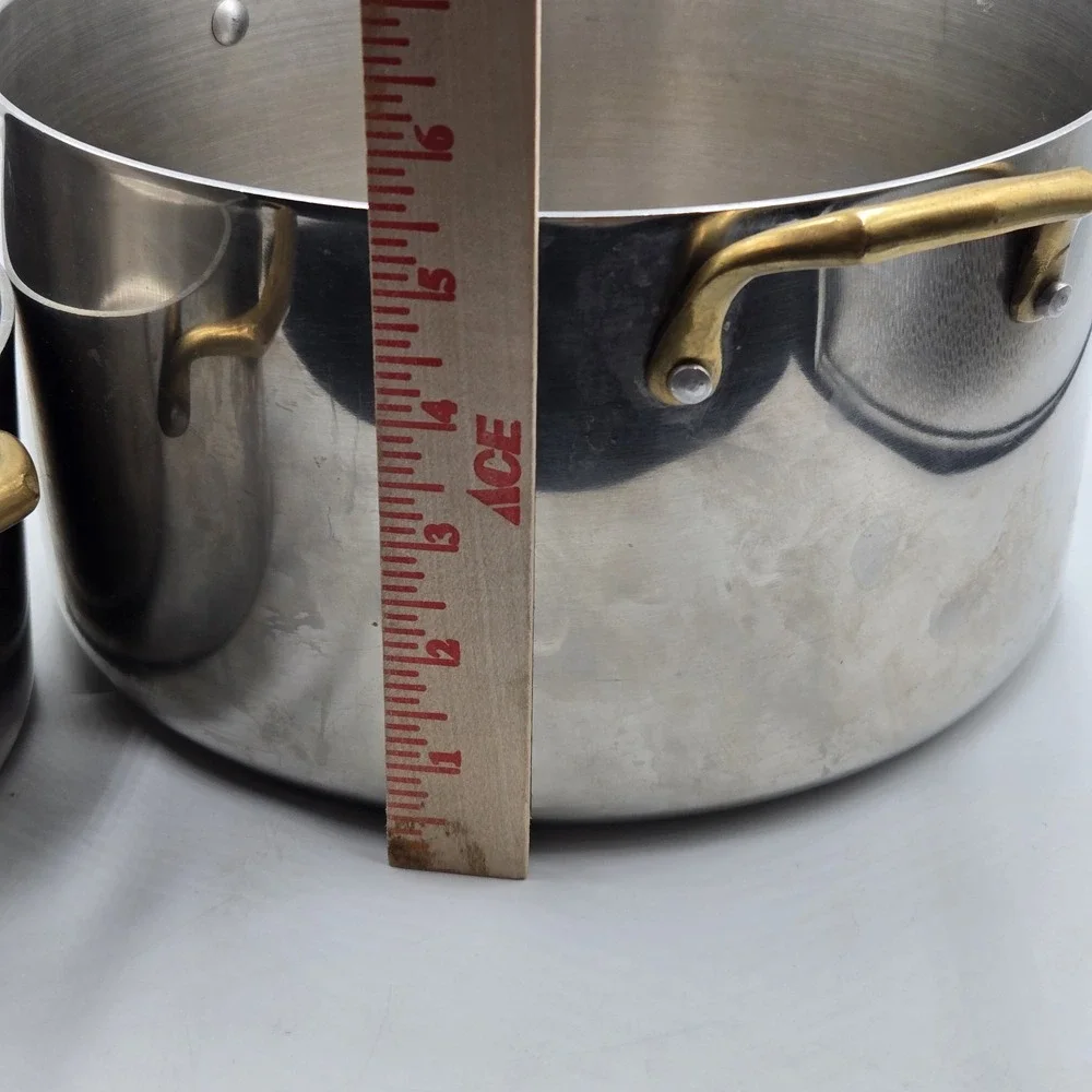 Set of 2 Vtg Atlas Metal Spinning Stainless Steel Stock Pots Brass Handle No Lid